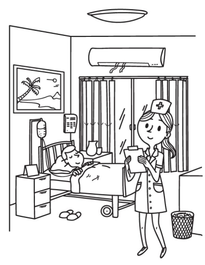 A friendly cartoon nurse attends to a patient resting in a hospital bed with an IV drip, holding a clipboard in a hospital room.