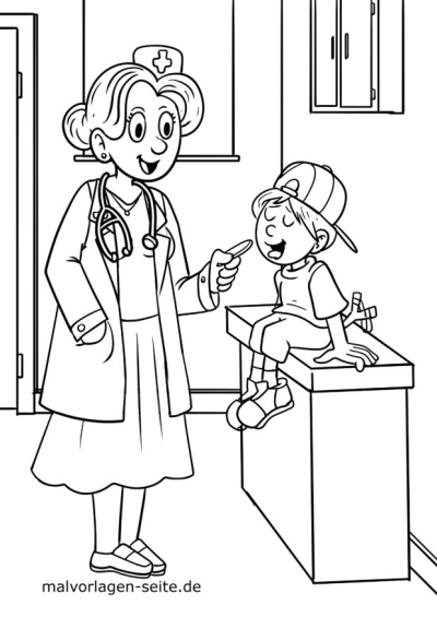 A friendly female cartoon doctor, wearing a stethoscope, examines a young boy in a clinic. Ideal for pediatric health.