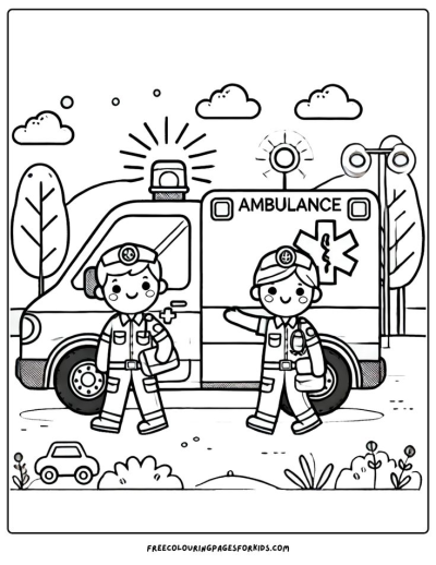 Cartoon doctors stand with a shining ambulance featuring a Star of Life symbol, ready for rescue and medical care.