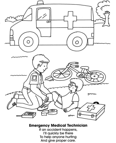 An emergency medical technician provides first aid to a boy with a leg injury after a bicycle accident, with an ambulance in the background.