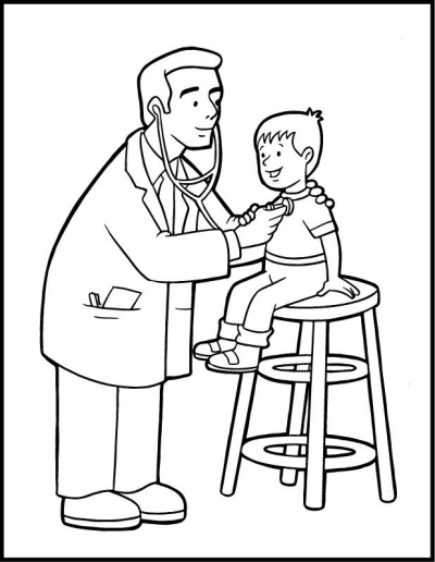 Cartoon illustration of a male doctor using a stethoscope to examine a smiling young child sitting on a stool.