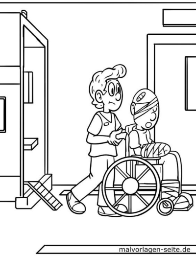 Illustration of a doctor pushing an injured patient with bandaged head, arm, and leg in a wheelchair at a hospital.