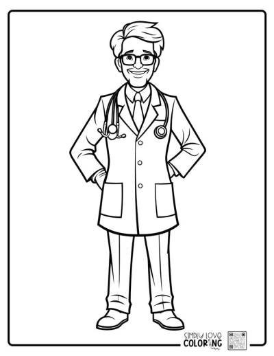 A friendly line art doctor with a stethoscope, wearing a white lab coat and glasses, smiling cheerfully.