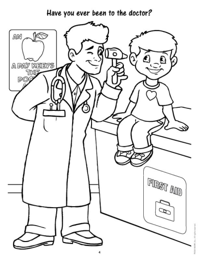 A friendly doctor in a lab coat uses an otoscope to examine a smiling young boy's ear during a check-up. Includes apple and first aid signs.