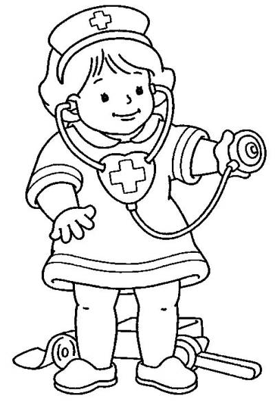 A smiling cartoon doctor or nurse character in a cap with a cross, holding a stethoscope, with bandages and tools nearby.