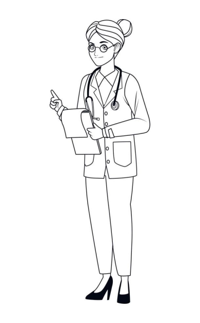 Cartoon woman doctor character in a lab coat and glasses, holding a medical chart and pointing. Black and white illustration.