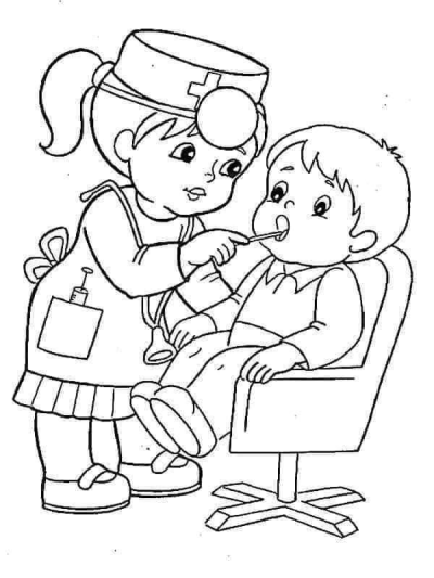 Outline illustration of a friendly cartoon doctor in uniform using an instrument to examine a child patient's open mouth during a checkup.