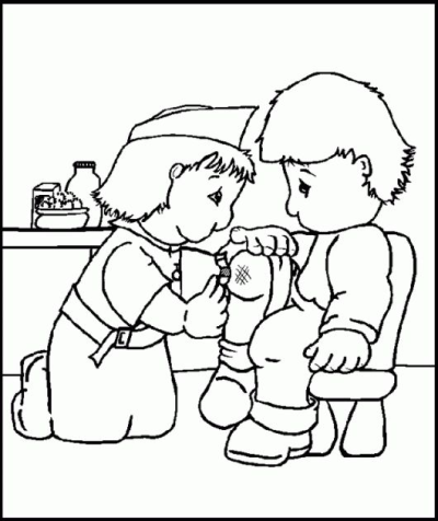 Cartoon of a child acting as a doctor, carefully applying medicine to another child's scraped knee, promoting first aid and care.