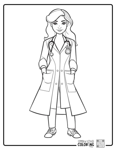 Smiling female doctor line art illustration wearing a lab coat and stethoscope with hands in pockets. Professional healthcare graphic.