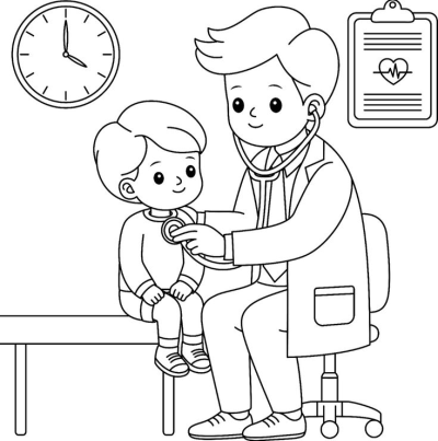 A cartoon image of a doctor examining a child with a stethoscope during a medical check-up, in a clinic with a clock and clipboard.