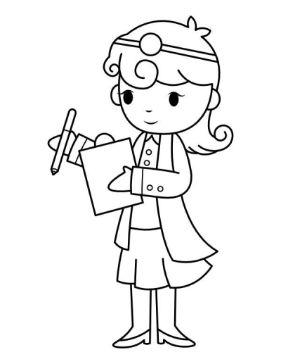 Black and white outline of a cartoon female doctor wearing a head mirror, holding a clipboard and pen, taking notes.