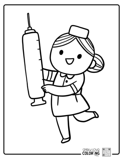 A cute, smiling cartoon nurse wearing a uniform and cap holds a large syringe, rendered in simple line art.
