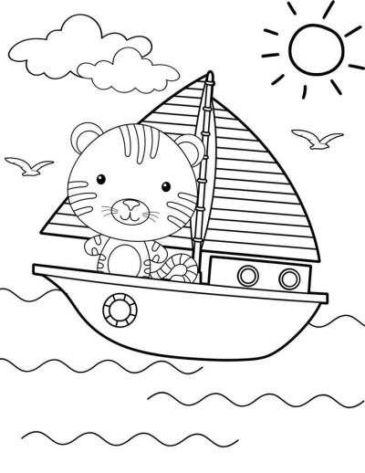 A cute tiger cub sails cheerfully in a boat across the wavy ocean, beneath a sunny sky with clouds and flying birds.