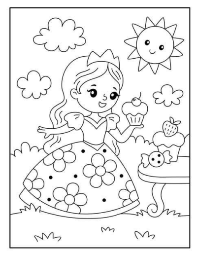 A cute princess in a floral dress holds a cherry cupcake under a smiling sun and clouds. Another cupcake and candy are on a table.