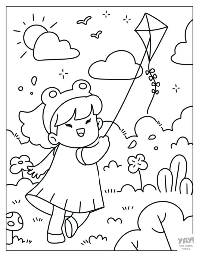 Cute cartoon girl in a frog hat happily flying a kite in a sunny sky with clouds, birds, flowers, and a mushroom.