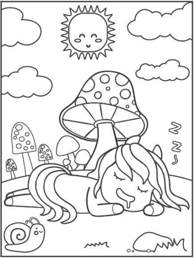 A cute pony sleeping soundly with mushrooms, a happy sun, clouds, and a snail in a whimsical black and white line art scene.