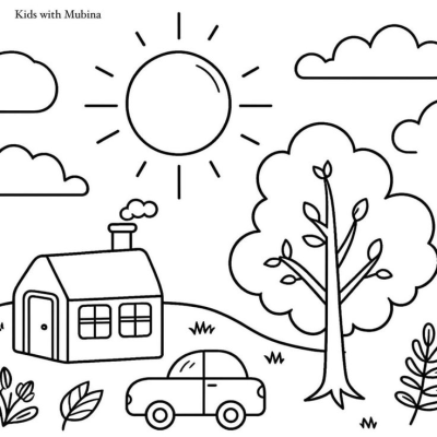 An outline drawing depicting a bright sunny day with a cozy house, lush tree, small car, and fluffy clouds, perfect for kids.
