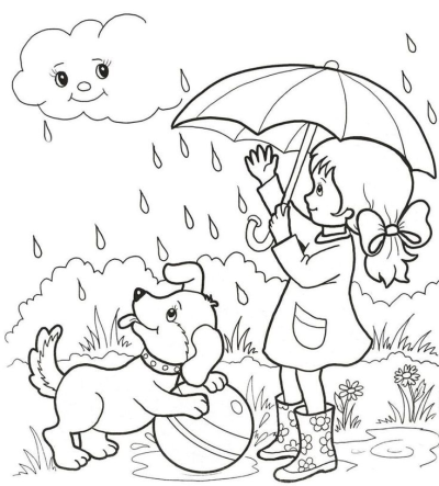 Illustration of a happy girl holding an umbrella while a playful dog interacts with a ball on a rainy day, with a smiling cloud.