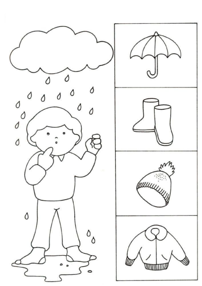 Outline drawing of a boy in rainy weather under a cloud, with an umbrella, boots, hat, and jacket. Perfect for kids to learn about rain gear.