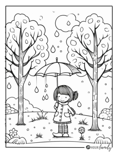 A cheerful girl holds an umbrella while it rains, standing between two trees. A lovely drawing depicting a happy rainy day scene.
