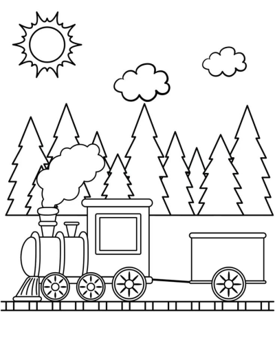 Illustration of a steam train on tracks, traveling through a forest of fir trees, under a sun and clouds. Simple line art.