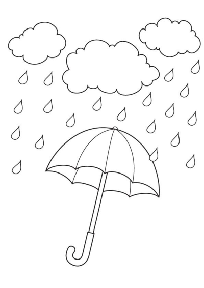Outline drawing showing an open umbrella catching raindrops falling from three clouds. A clear depiction of rainy weather.