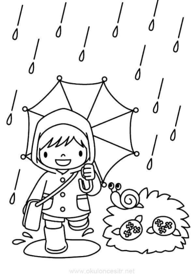 A cheerful child with an umbrella and rain boots splashes in a puddle on a rainy day, with a snail and ladybugs nearby.
