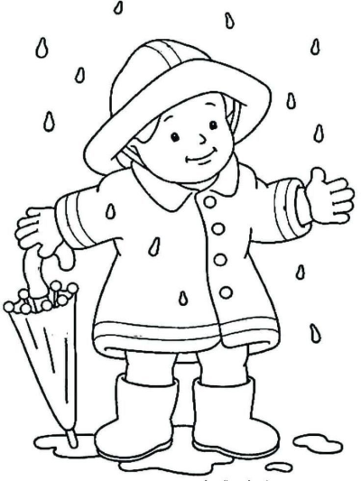 A cheerful drawing of a child dressed in a raincoat, hat, and boots, holding a closed umbrella on a rainy day with puddles.