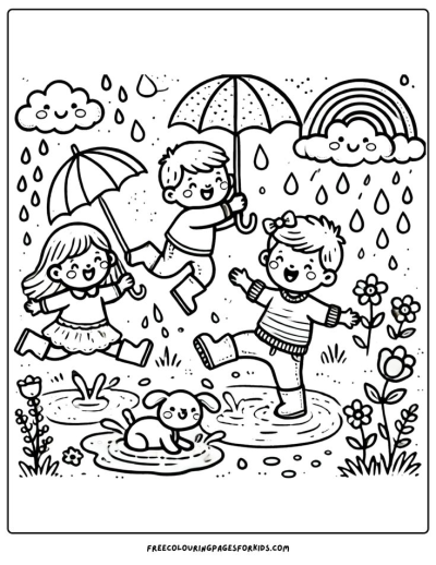 Happy children playing in the rain with umbrellas, splashing joyfully in puddles alongside a cute puppy. Features clouds and a vibrant rainbow.