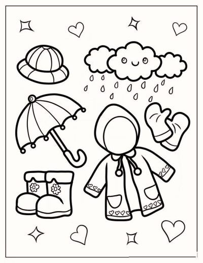 Outlines of rainy day gear, including an umbrella, rain boots, a raincoat, mittens, a hat, and a smiling cloud raining.