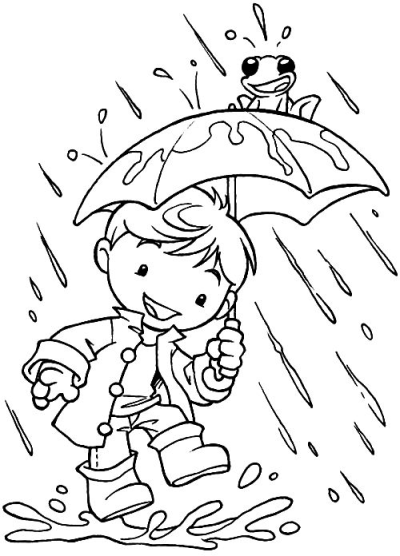 A cheerful boy holding an umbrella with a frog on top, happily splashing in puddles on a rainy day in his raincoat.