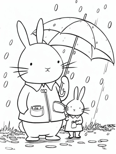 Adorable black and white line art featuring a father bunny in a jacket holding an umbrella over his child bunny in the rain.