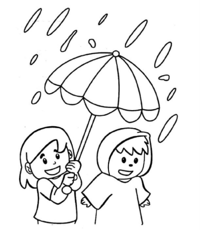 An illustration depicting two happy cartoon children sharing an umbrella to stay dry from the falling raindrops. Perfect for kids' themes.