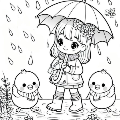 A cute outlined illustration featuring a girl holding an umbrella in the rain, accompanied by two adorable chicks in scarves.