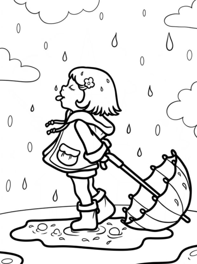 Girl in a raincoat and boots catching raindrops with her tongue, standing in a puddle next to an umbrella on a rainy day.