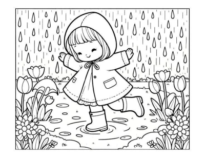 A happy girl in a raincoat and boots playing in puddles on a rainy day, surrounded by blooming flowers and falling raindrops.
