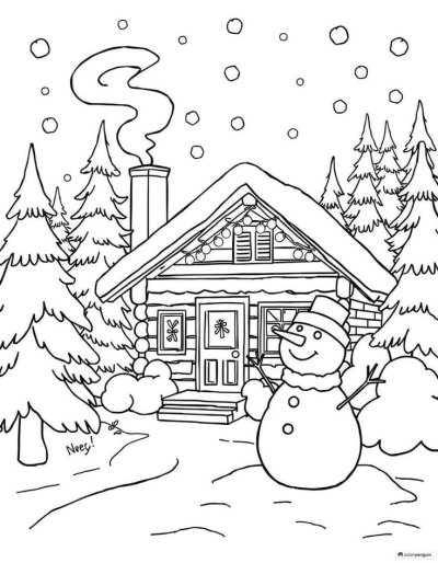 Outline of a cozy winter log cabin surrounded by snowy evergreen trees and a smiling snowman under falling snow.