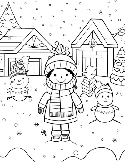 An outline of a cheerful child and two snowmen playing in a snowy village scene, with cozy houses and falling snowflakes.