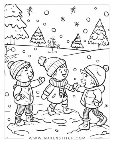 Three happy children warmly dressed playing in a snowy winter scene with pine trees and falling snow.