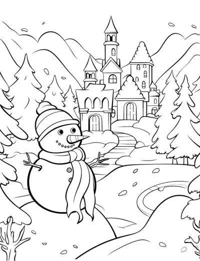A cheerful snowman wearing a hat and scarf stands in a beautiful winter wonderland scene with snow-covered trees and a majestic castle.