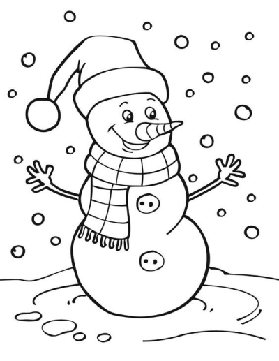 Cute snowman with a hat and scarf stands in the snow, smiling with a carrot nose and buttons, surrounded by falling snowflakes.
