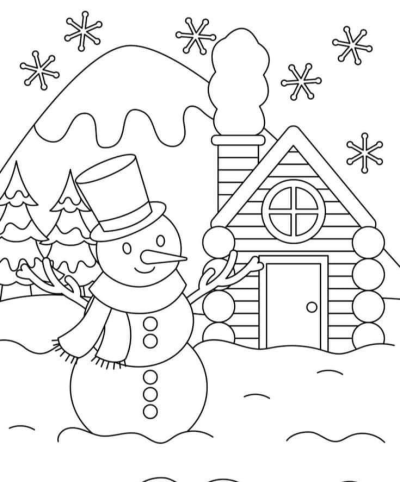 A cheerful snowman stands beside a cozy cabin with a smoking chimney, surrounded by snowy mountains, trees, and falling snowflakes.