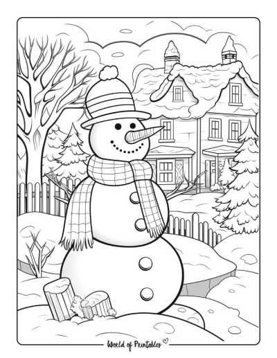 A charming winter scene featuring a snowman wearing a hat and scarf, standing in front of a snow-covered house and trees.