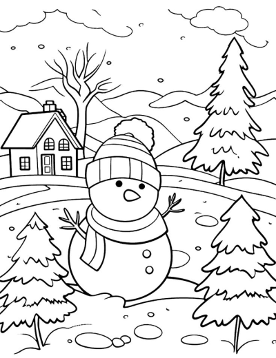 A cute snowman wearing a hat and scarf stands in a winter landscape with a house, pine trees, and snowy hills.