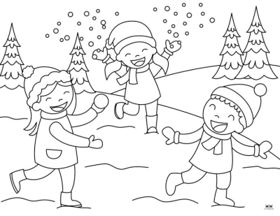 Three happy children playing in the snow, dressed in winter hats and scarves, enjoying winter fun with snowflakes and snowballs.