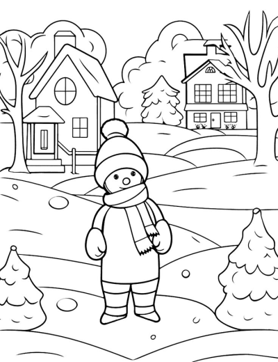 A line art drawing of a charming winter scene featuring a friendly snowman, two cozy houses, and trees on snowy hills.