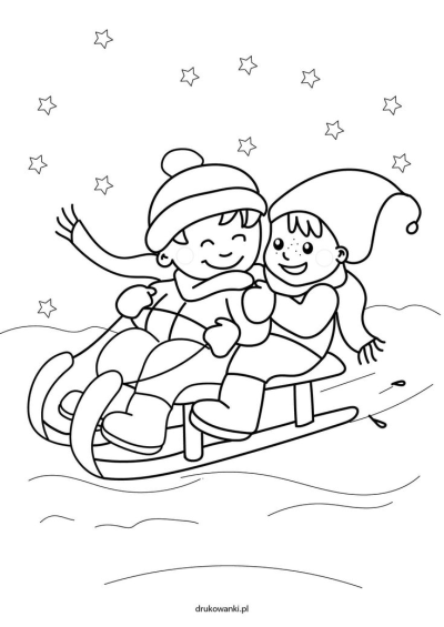 Two happy children in winter clothing are sledding down a snowy slope, surrounded by stars, enjoying a fun winter day.