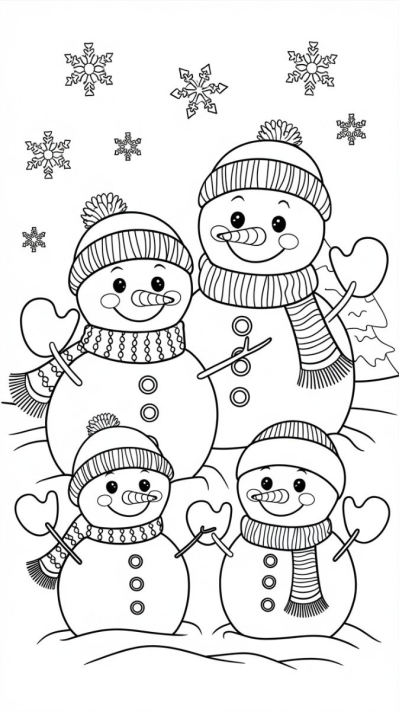 A festive winter scene featuring a happy snowman family, complete with hats, scarves, and falling snowflakes.