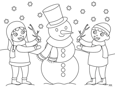 A joyful illustration showing two kids, a boy and a girl, happily building a snowman with stick arms during a fun winter activity.