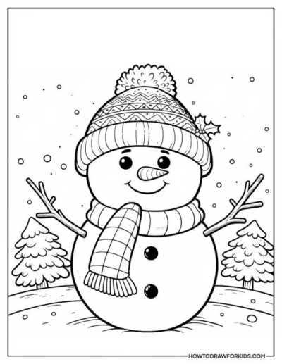 A happy snowman illustration, smiling brightly in a winter hat with pom-pom and a checkered scarf, surrounded by snow and pine trees.